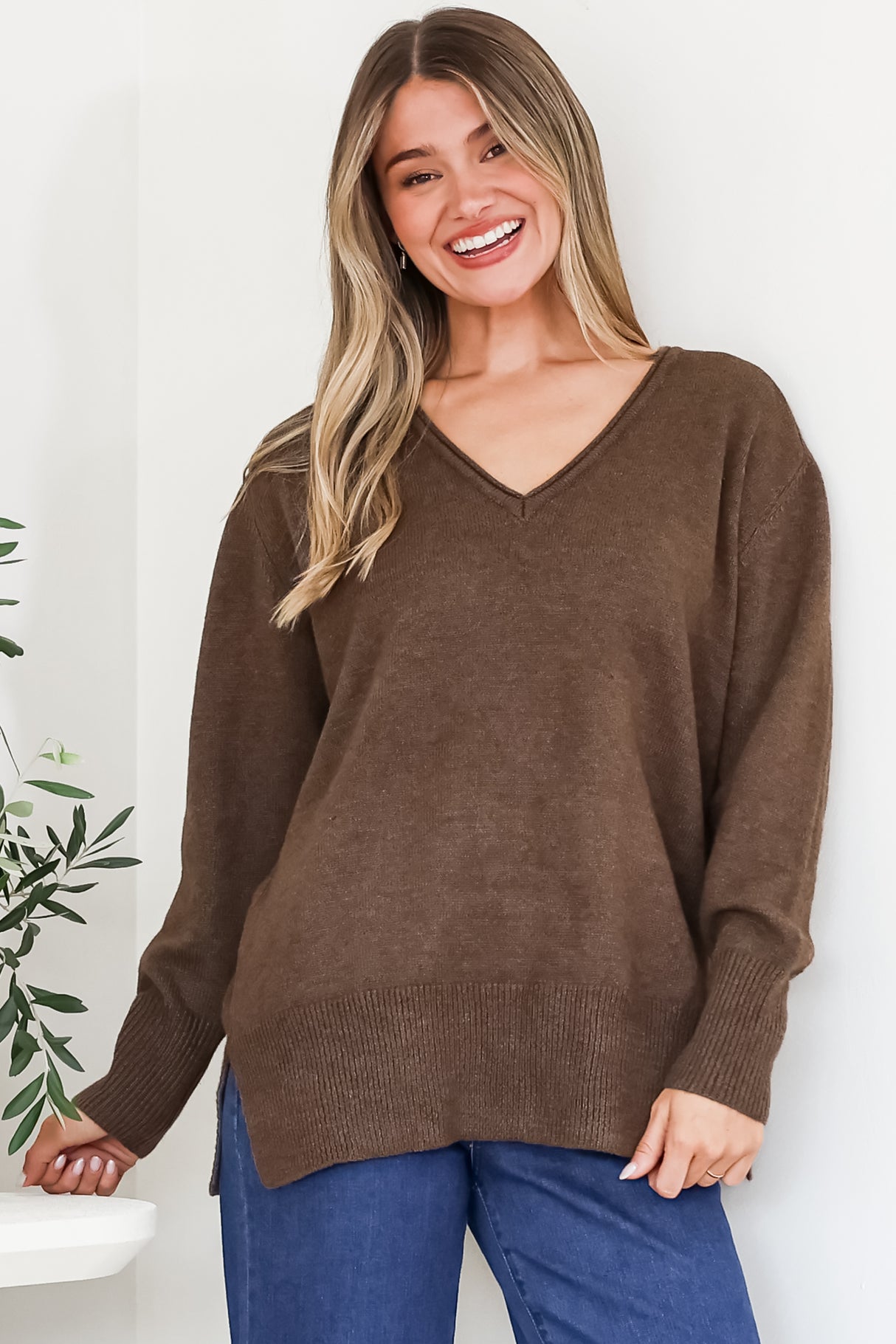 Clarke Jumper - V-Neck Batwing Sleeve Ribbed Step Hemline Knit in Coffee
