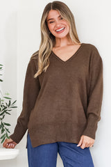 Clarke Jumper - V-Neck Batwing Sleeve Ribbed Step Hemline Knit in Coffee