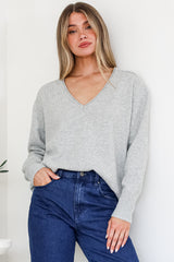 Clarke Jumper - V-Neck Batwing Sleeve Ribbed Step Hemline Knit in Grey