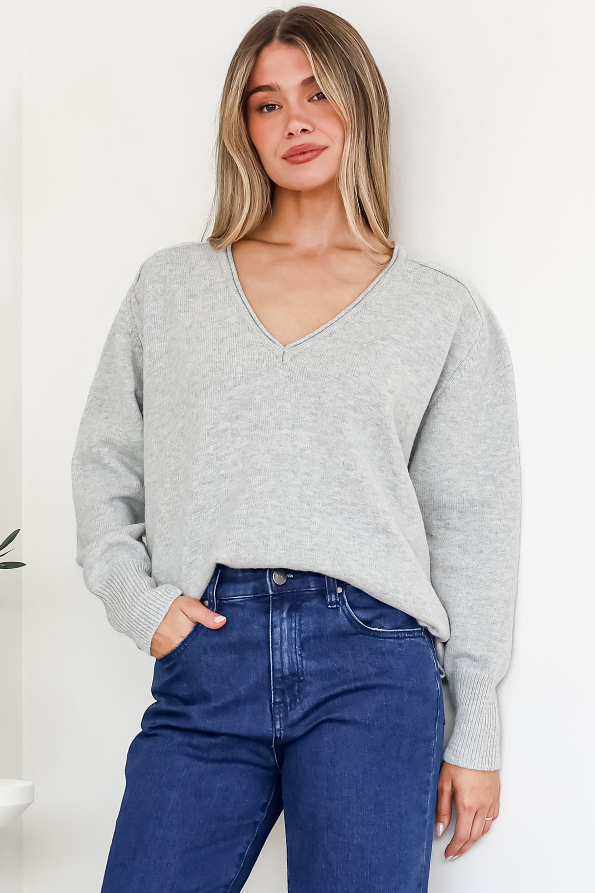 Clarke Jumper - V-Neck Batwing Sleeve Ribbed Step Hemline Knit in Grey