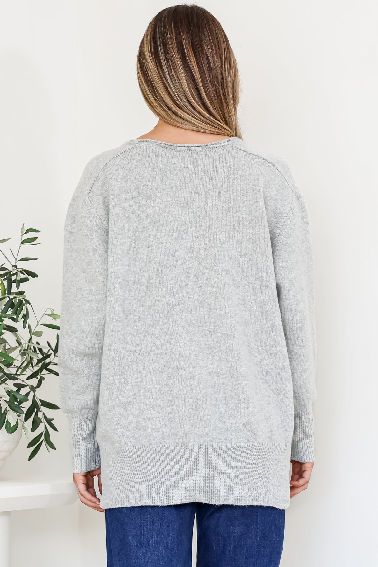 Clarke Jumper - V-Neck Batwing Sleeve Ribbed Step Hemline Knit in Grey