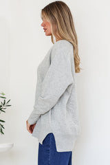 Clarke Jumper - V-Neck Batwing Sleeve Ribbed Step Hemline Knit in Grey