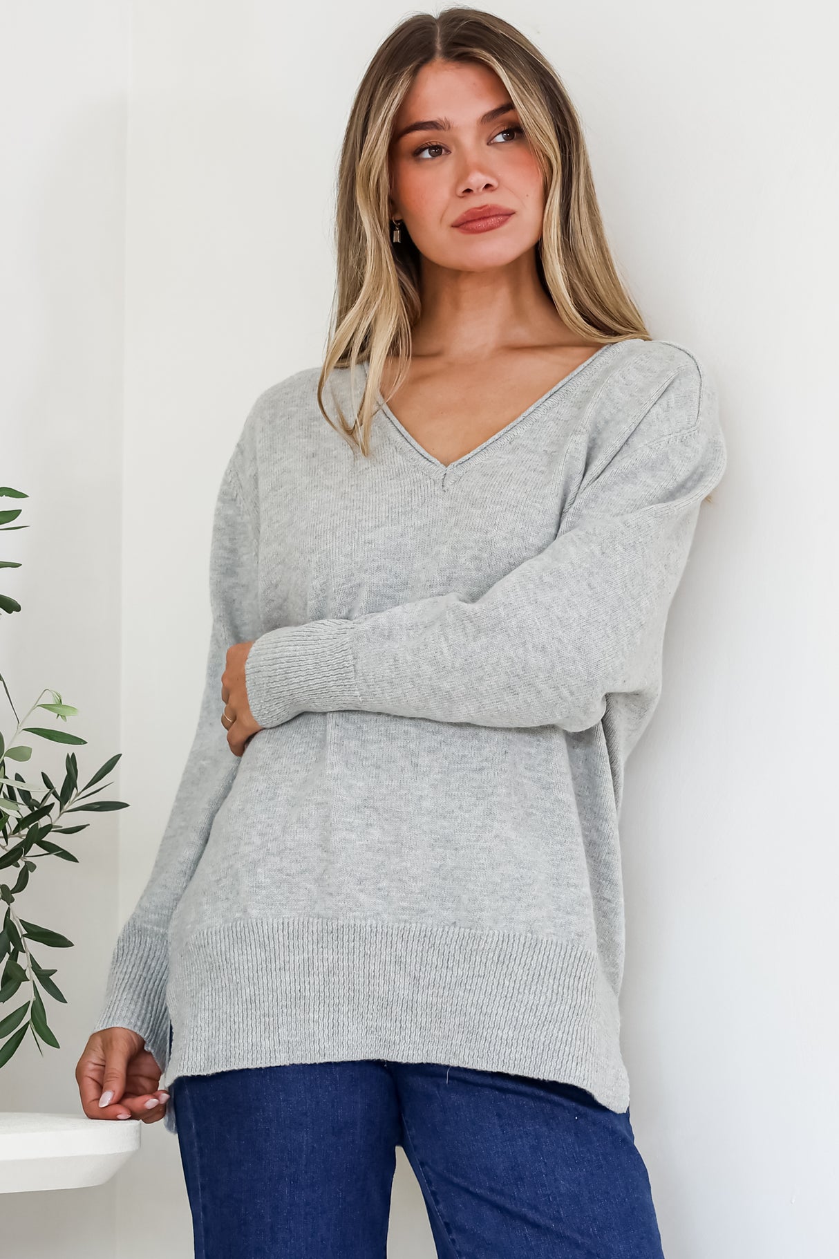 Clarke Jumper - V-Neck Batwing Sleeve Ribbed Step Hemline Knit in Grey