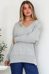 Clarke Jumper - V-Neck Batwing Sleeve Ribbed Step Hemline Knit in Grey