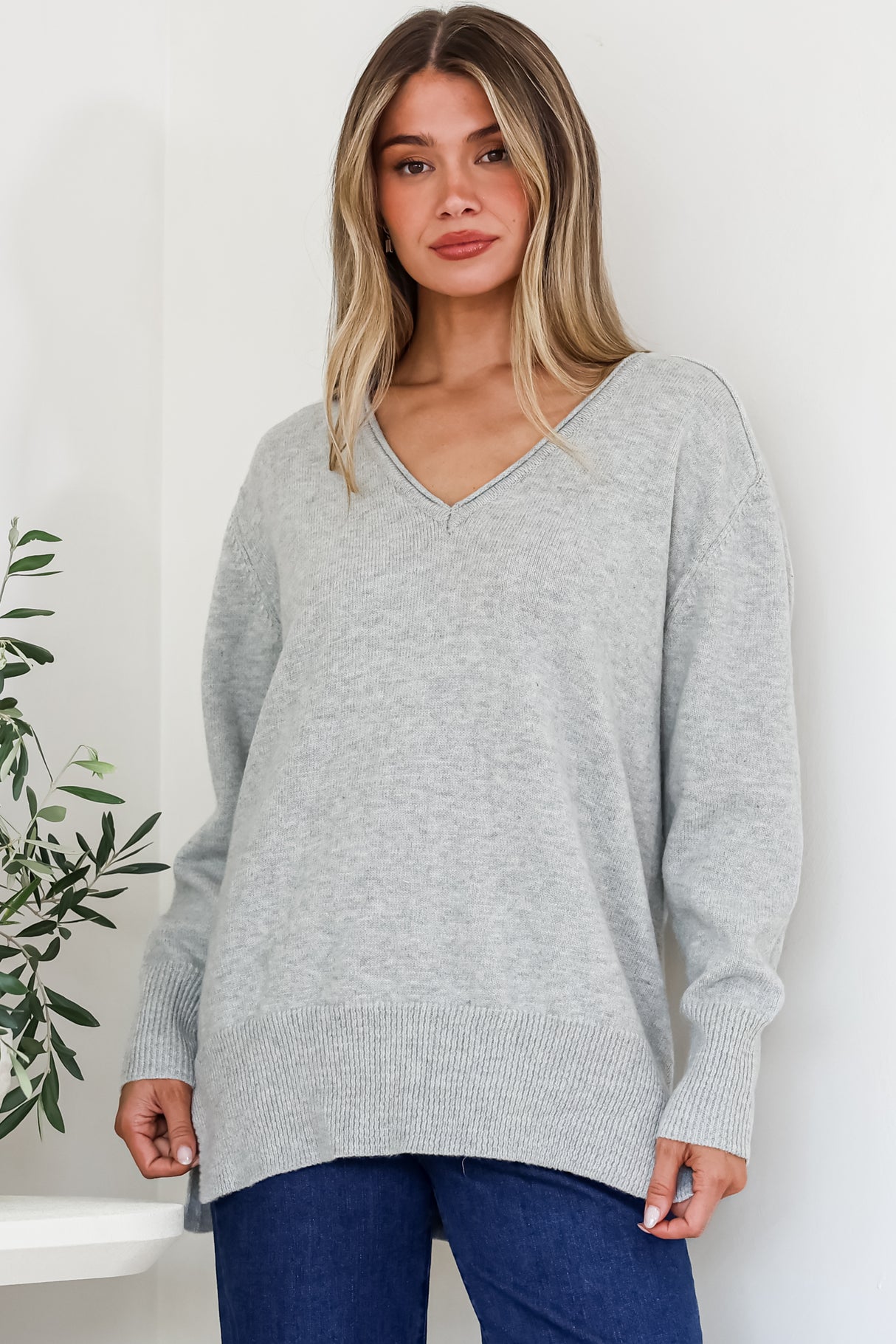 Clarke Jumper - V-Neck Batwing Sleeve Ribbed Step Hemline Knit in Grey