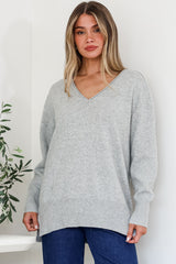Clarke Jumper - V-Neck Batwing Sleeve Ribbed Step Hemline Knit in Grey