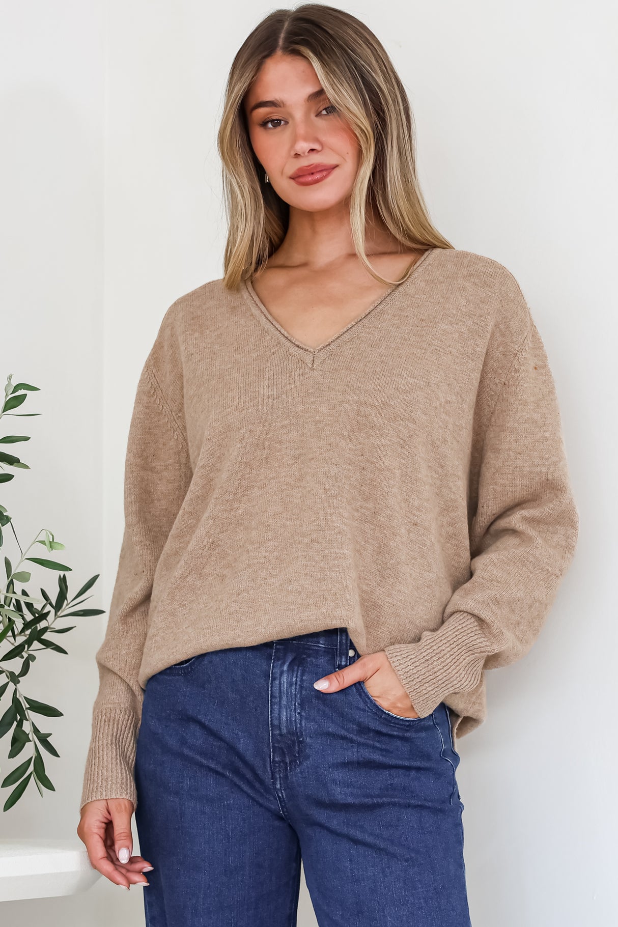 Clarke Jumper - V-Neck Batwing Sleeve Ribbed Step Hemline Knit in Mocha