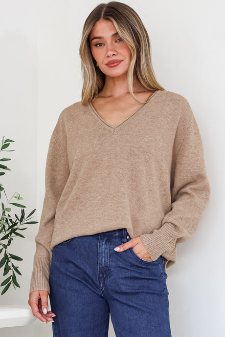 Clarke Jumper - V-Neck Batwing Sleeve Ribbed Step Hemline Knit in Mocha
