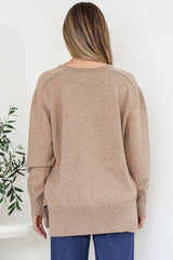 Clarke Jumper - V-Neck Batwing Sleeve Ribbed Step Hemline Knit in Mocha