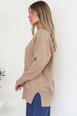 Clarke Jumper - V-Neck Batwing Sleeve Ribbed Step Hemline Knit in Mocha