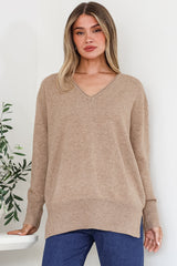 Clarke Jumper - V-Neck Batwing Sleeve Ribbed Step Hemline Knit in Mocha