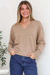Clarke Jumper - V-Neck Batwing Sleeve Ribbed Step Hemline Knit in Mocha