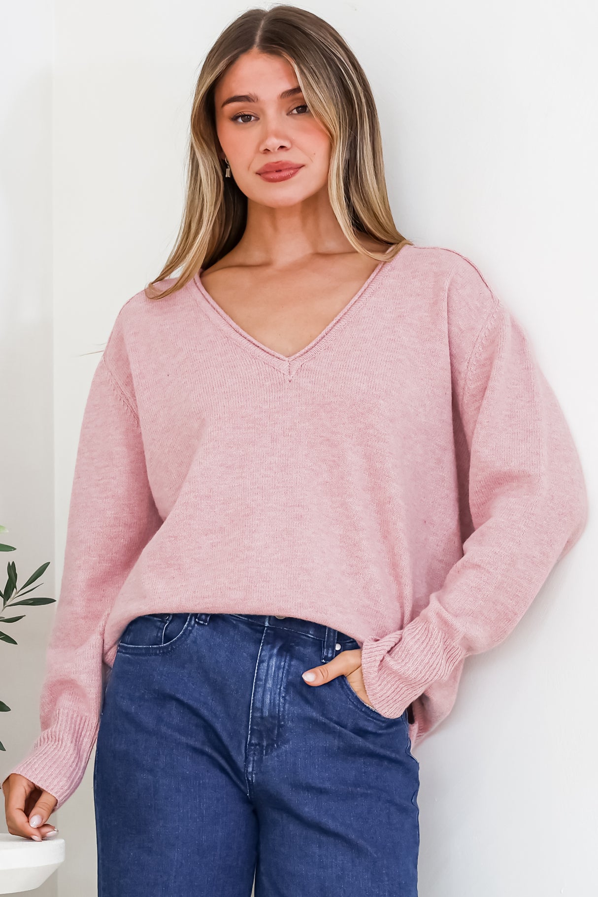 Clarke Jumper - V-Neck Batwing Sleeve Ribbed Step Hemline Knit in Pink