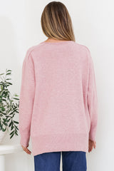 Clarke Jumper - V-Neck Batwing Sleeve Ribbed Step Hemline Knit in Pink