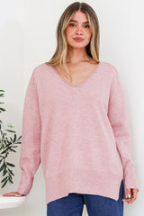 Clarke Jumper - V-Neck Batwing Sleeve Ribbed Step Hemline Knit in Pink
