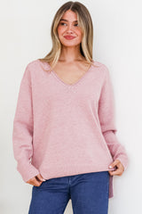 Clarke Jumper - V-Neck Batwing Sleeve Ribbed Step Hemline Knit in Pink