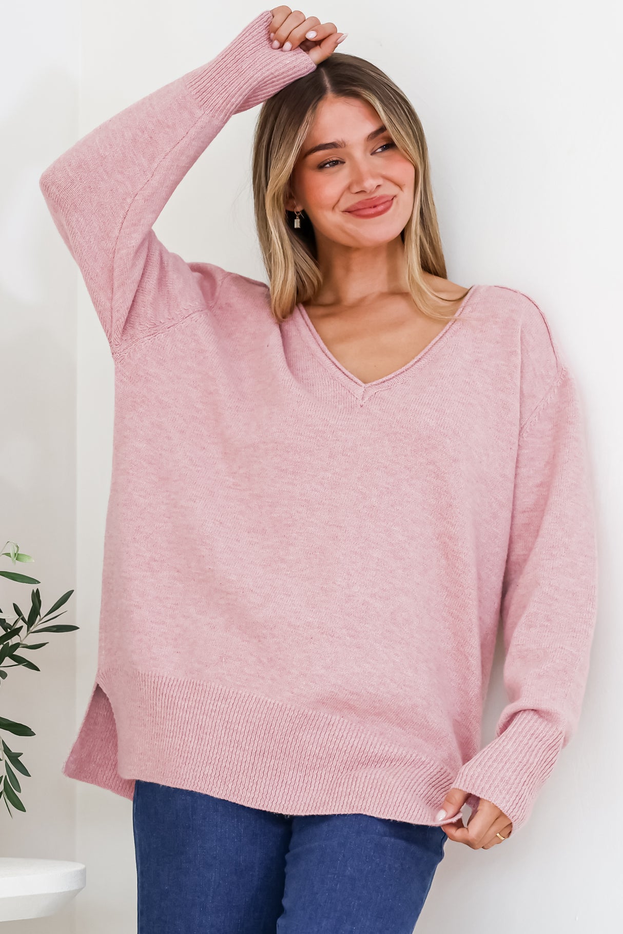 Clarke Jumper - V-Neck Batwing Sleeve Ribbed Step Hemline Knit in Pink