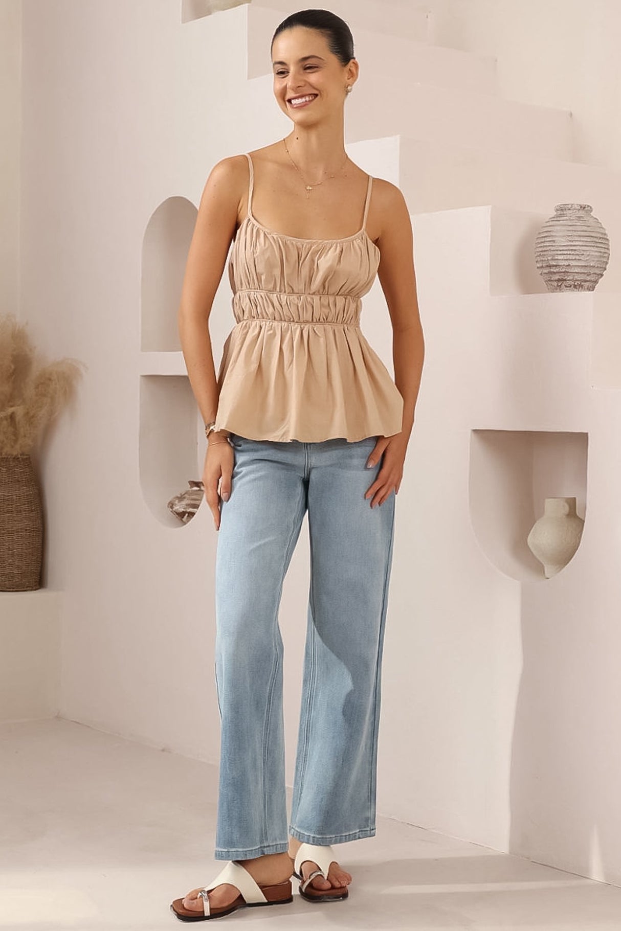 Clarke Top - Rouched Bodice Spaghetti Strap Tiered Top in Beige