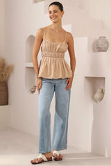Clarke Top - Rouched Bodice Spaghetti Strap Tiered Top in Beige