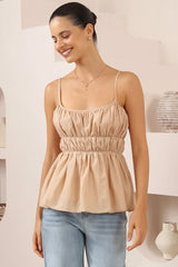 Clarke Top - Rouched Bodice Spaghetti Strap Tiered Top in Beige