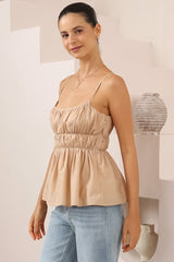 Clarke Top - Rouched Bodice Spaghetti Strap Tiered Top in Beige
