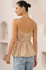 Clarke Top - Rouched Bodice Spaghetti Strap Tiered Top in Beige
