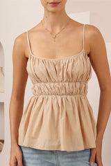 Clarke Top - Rouched Bodice Spaghetti Strap Tiered Top in Beige