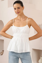 Clarke Top - Rouched Bodice Spaghetti Strap Tiered Top in White