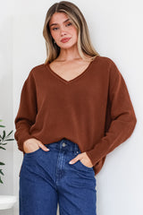 Clarke Jumper - V-Neck Batwing Sleeve Ribbed Step Hemline Knit in Rust