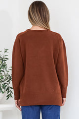 Clarke Jumper - V-Neck Batwing Sleeve Ribbed Step Hemline Knit in Rust