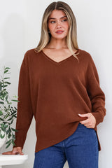 Clarke Jumper - V-Neck Batwing Sleeve Ribbed Step Hemline Knit in Rust