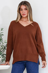 Clarke Jumper - V-Neck Batwing Sleeve Ribbed Step Hemline Knit in Rust