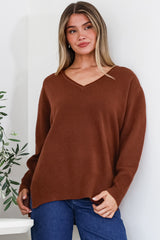 Clarke Jumper - V-Neck Batwing Sleeve Ribbed Step Hemline Knit in Rust