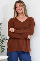 Clarke Jumper - V-Neck Batwing Sleeve Ribbed Step Hemline Knit in Rust