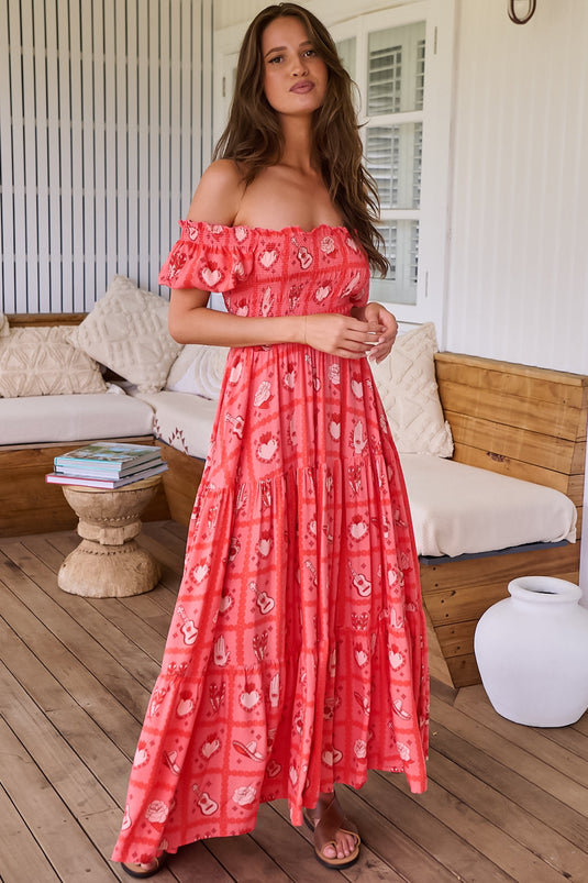 JAASE - Claudette Maxi Dress: On or Off Shoulder Elasticated Bodice Short Balloon Sleeve Dress in Zamora Print