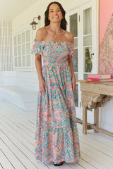 JAASE - Claudette Maxi Dress: On or Off Shoulder Elasticated Bodice Short Balloon Sleeve Dress in Ocean Lullaby Print