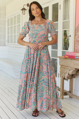 JAASE - Claudette Maxi Dress: On or Off Shoulder Elasticated Bodice Short Balloon Sleeve Dress in Ocean Lullaby Print