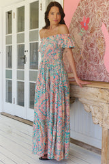 JAASE - Claudette Maxi Dress: On or Off Shoulder Elasticated Bodice Short Balloon Sleeve Dress in Ocean Lullaby Print