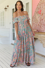 JAASE - Claudette Maxi Dress: On or Off Shoulder Elasticated Bodice Short Balloon Sleeve Dress in Ocean Lullaby Print