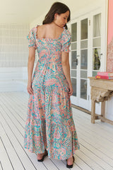 JAASE - Claudette Maxi Dress: On or Off Shoulder Elasticated Bodice Short Balloon Sleeve Dress in Ocean Lullaby Print