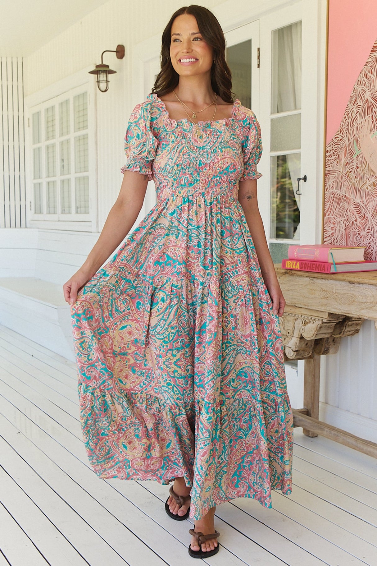 JAASE - Claudette Maxi Dress: On or Off Shoulder Elasticated Bodice Short Balloon Sleeve Dress in Ocean Lullaby Print