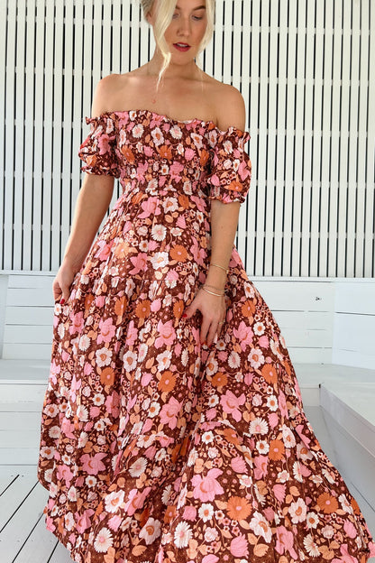 JAASE - Claudette Maxi Dress: On or Off Shoulder Elasticated Bodice Short Balloon Sleeve Dress in Pixie Print