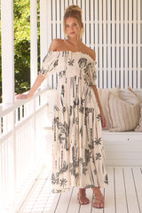 JAASE - Claudette Maxi Dress: On or Off Shoulder Elasticated Bodice Short Balloon Sleeve Dress in Serene Print