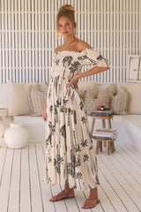 JAASE - Claudette Maxi Dress: On or Off Shoulder Elasticated Bodice Short Balloon Sleeve Dress in Serene Print