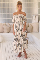 JAASE - Claudette Maxi Dress: On or Off Shoulder Elasticated Bodice Short Balloon Sleeve Dress in Serene Print