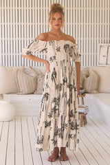 JAASE - Claudette Maxi Dress: On or Off Shoulder Elasticated Bodice Short Balloon Sleeve Dress in Serene Print