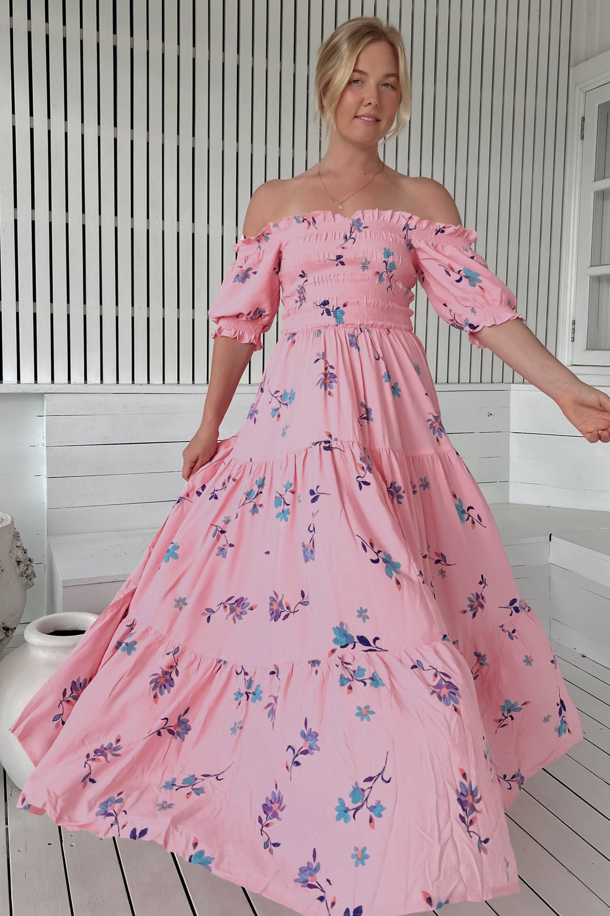 JAASE - Claudette Maxi Dress: On or Off Shoulder Elasticated Bodice Short Balloon Sleeve Dress in Wild Berry Print