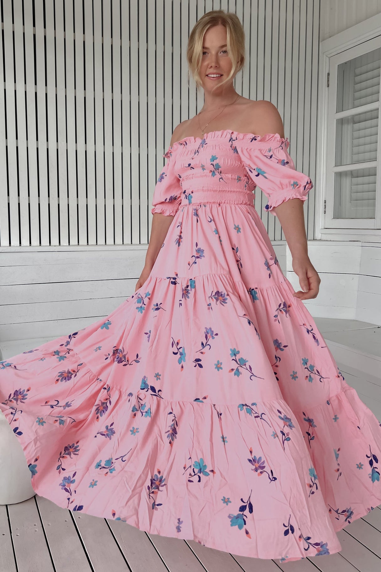 JAASE - Claudette Maxi Dress: On or Off Shoulder Elasticated Bodice Short Balloon Sleeve Dress in Wild Berry Print