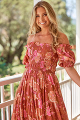 JAASE - Claudette Maxi Dress: On or Off Shoulder Elasticated Bodice Short Balloon Sleeve Dress in Woodstock Print