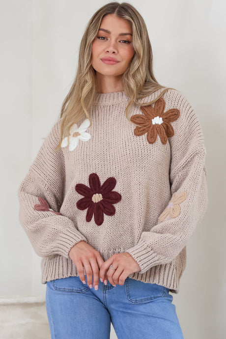 Model wearing Wildflower Jumper in Taupe Multi from Salty Crush